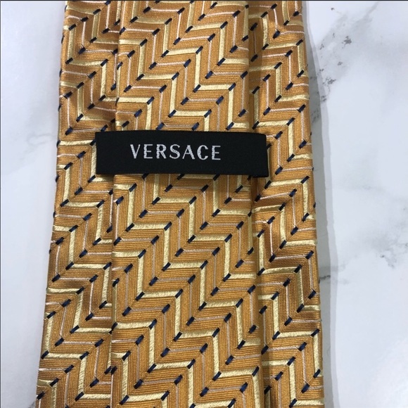 Versace Gold Orange Striped Zigzag Medusa Tie EUC